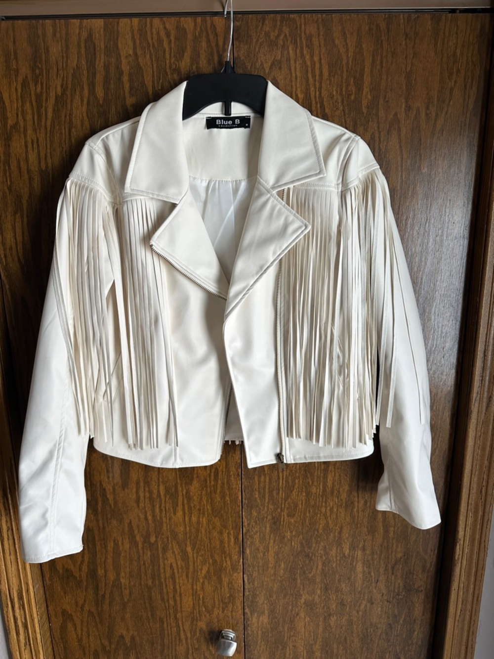 Womens White Fringe Faux Leather Jacket